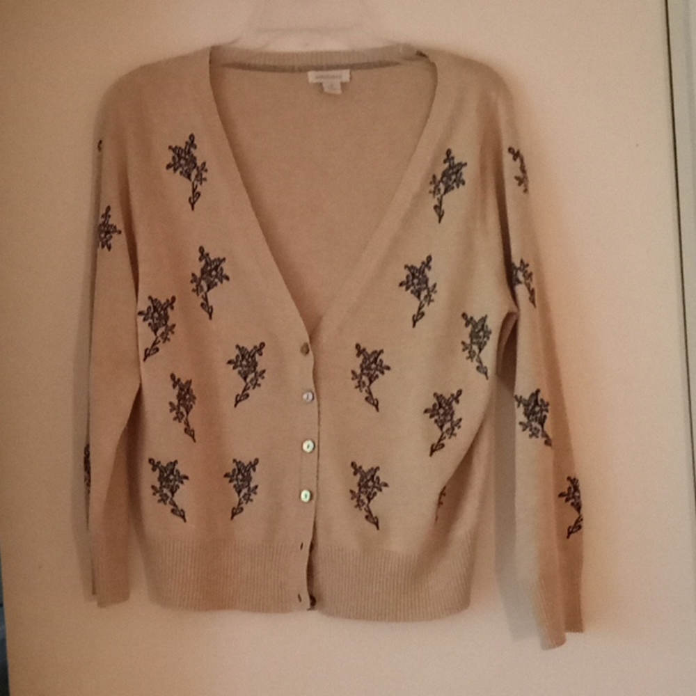 JJill tan cardigan with black embroidered design.
